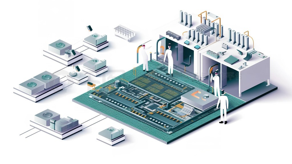 半导体芯片生产制造工厂的插画设计元素与集成电路设计