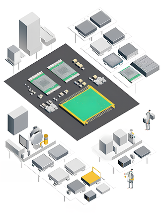 半导体芯片制造工厂的插画与集成电路设计元素